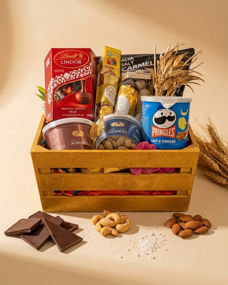 Chocolate Gift Hamper Basket (8 Items) — Assorted Chocolates & Snacks - alternate view showing gift packaging