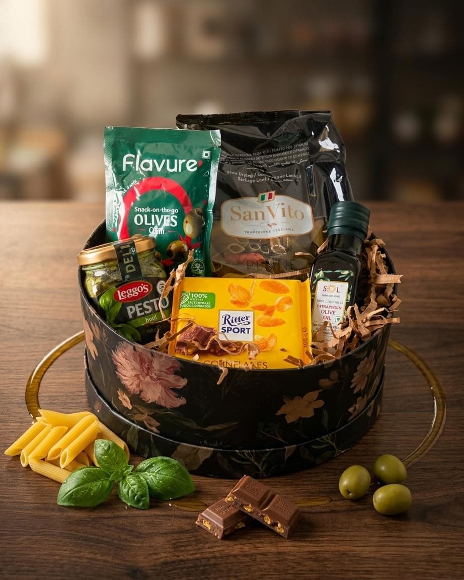 Gift Hamper (5 Items) — Premium Food Basket With Corn Flakes, Olives Chilli, Pesto Basil, Penne Pasta & Olive Oil - alternate view showing gift packaging