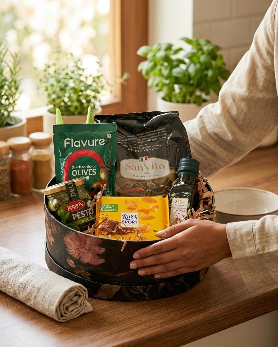 Gift Hamper (5 Items) — Premium Food Basket With Corn Flakes, Olives Chilli, Pesto Basil, Penne Pasta & Olive Oil