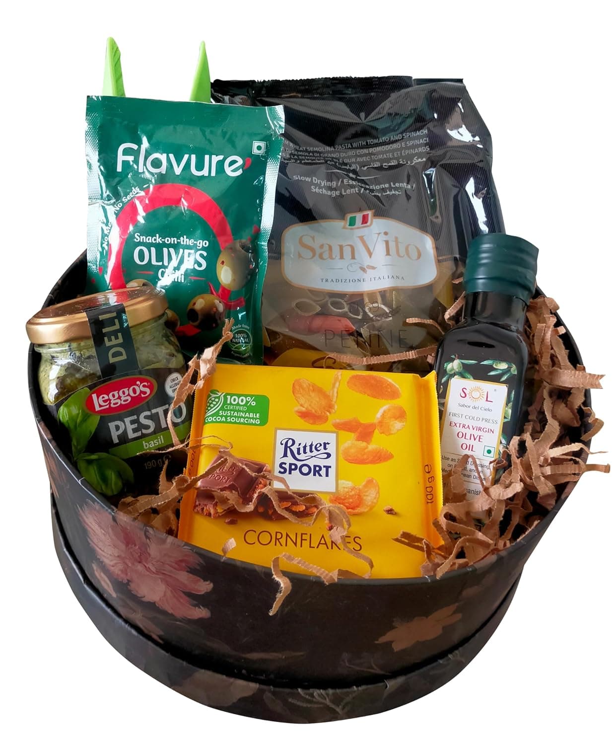 Gift Hamper (5 Items) — Premium Food Basket With Corn Flakes, Olives Chilli, Pesto Basil, Penne Pasta & Olive Oil